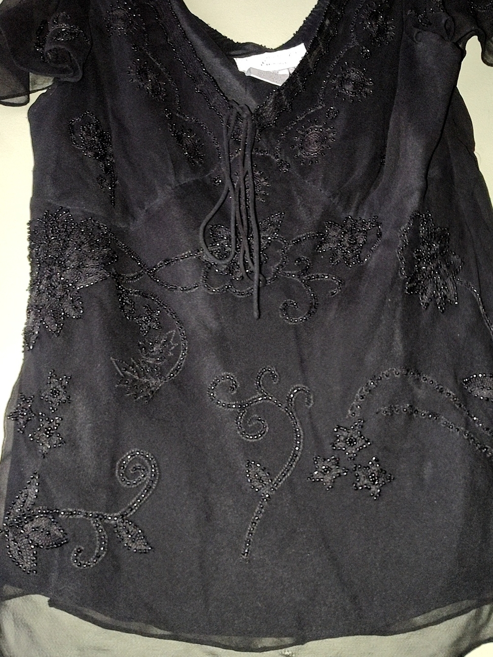 Papell Boutique Black Beaded V-Neck Blouse